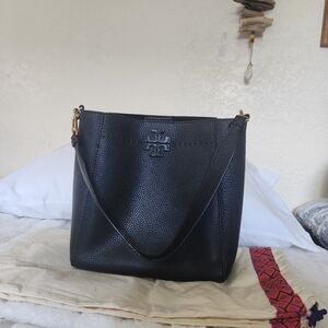 Tory Burch Black Pebbled Leather Shoulder Tote with Gold Hardware